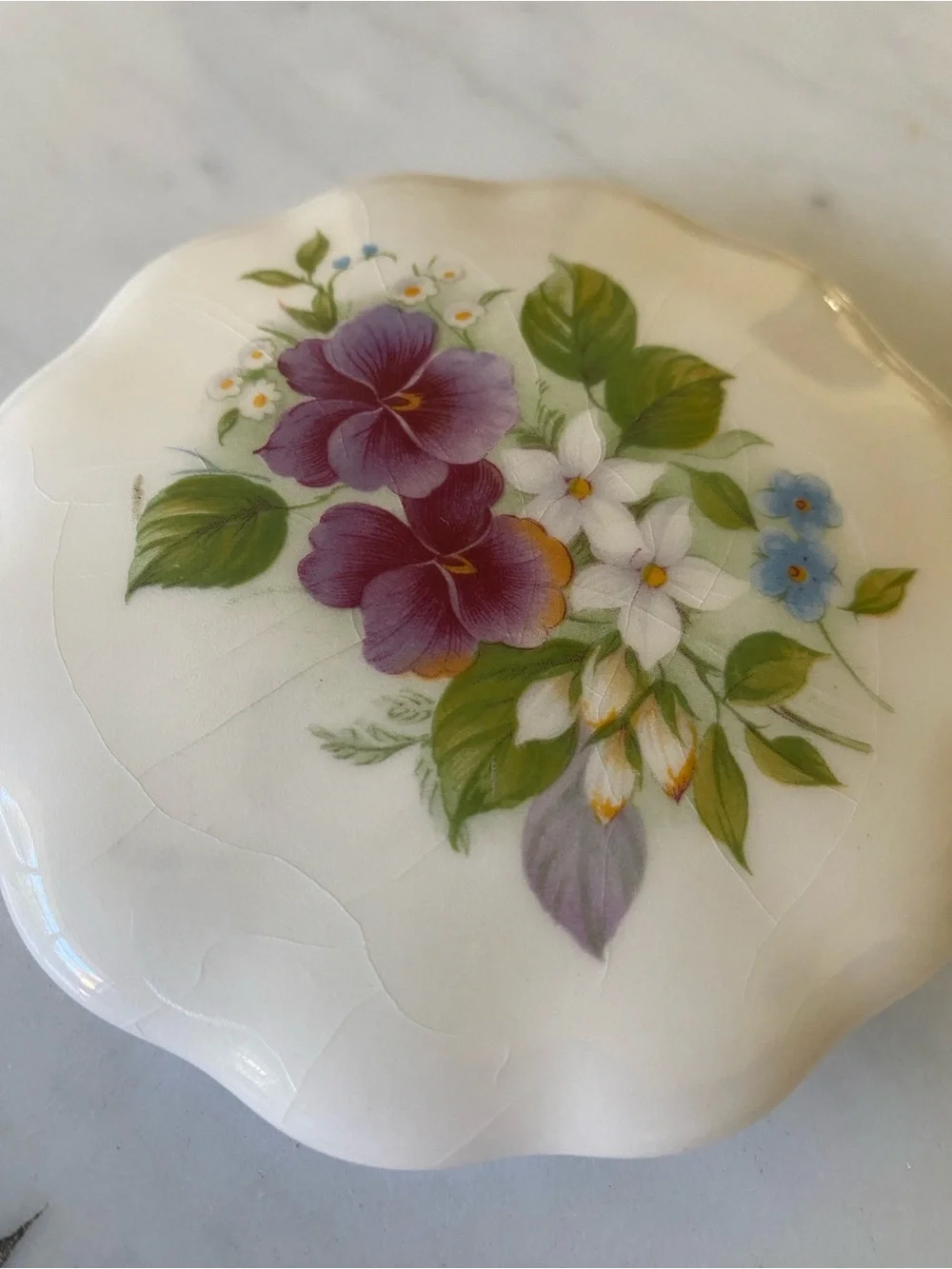 Vintage Floral Porcelain Jewelry/Trinket Box in Ivory with Hand-Painted Flowers